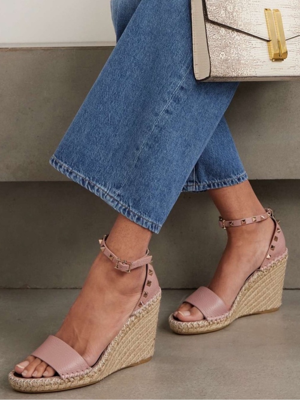 Valentino Double Rockstud Wedge Sandal 10 Poudre Espadrille Size 40 10
